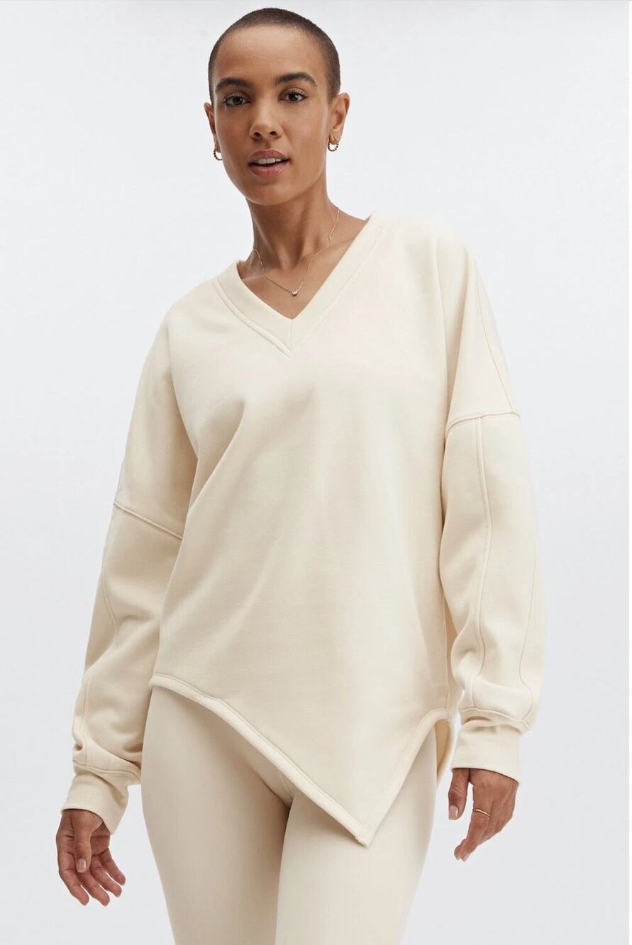 Fabletics Cream Mira Pullover V-Neck Asymmetric Fleece Sweatshirt Large